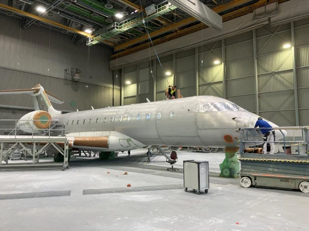 Business aircraft prepared for painting work